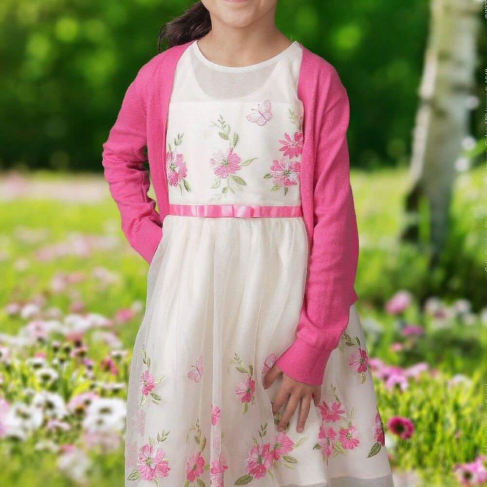 Jona Michelle Special Occasion Ivory Pink Floral Dress Cardigan 6 Mother’s Day